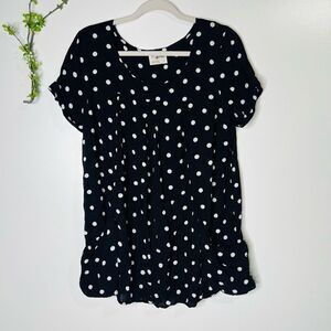 Holding Horses Anthropologie Black White Polka Dots Blouse Pockets Short Sleeve